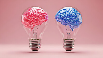 Conceptual representation of contrasting brain hemispheres illustrated as illuminated low poly models inside clear glass lightbulbs against pink