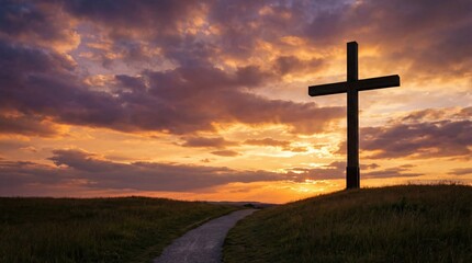 A serene image of a cross set against a vibrant sunset sky