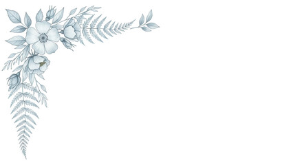 Minimal elegant watercolor floral corner border featuring wild roses and fern in pastel blue isolated on white background