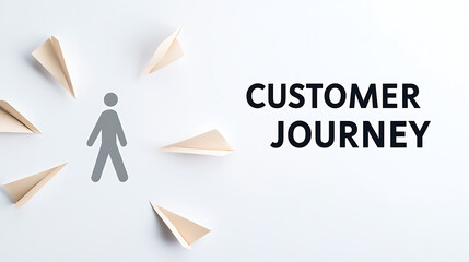 Navigating the path to customer satisfaction. Paper airplanes guide a customer figure through options, highlighting the steps in their journey. A focus on creating a positive experience.