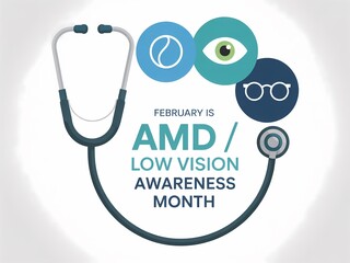 February is amd low vision awareness month stethoscope and eye icons on white background