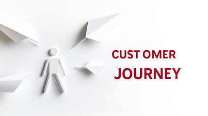 Navigating the Customer Journey: A person icon surrounded by paper airplanes symbolizes the customer experience and the various touchpoints in their path, simplified on a white background.