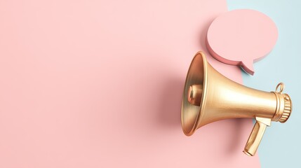 megaphone. Vintage brass megaphone with a speech bubble against a soft pastel background, evoking retro communication themes. event programs.