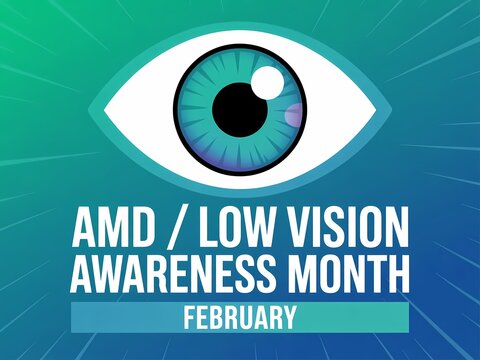 Amd low vision awareness month february eye health illustration with teal and blue gradient background