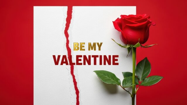 Valentines day card with red rose on torn paper background