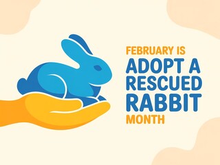 February is adopt a rescued rabbit month with a hand holding a blue rabbit