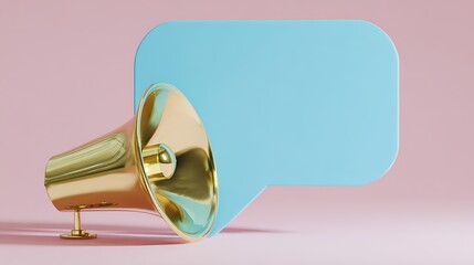 megaphone. Vintage brass megaphone with a speech bubble against a soft pastel background, evoking retro communication themes. event programs.