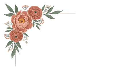 Minimal hand painted floral corner element featuring peonies and ranunculus in muted terracotta isolated on white background