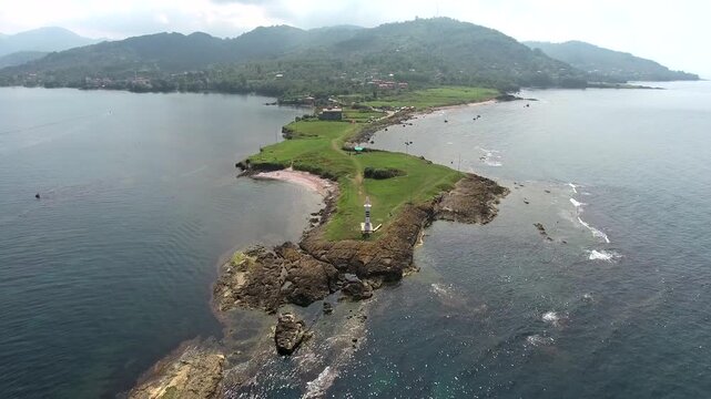 Aerial view of promontory on a thin peninsula along the Black Sea coastline in Ordu Turkey. Elevated perspective highlights Yason Burnu headland near Persembe Anatolia.