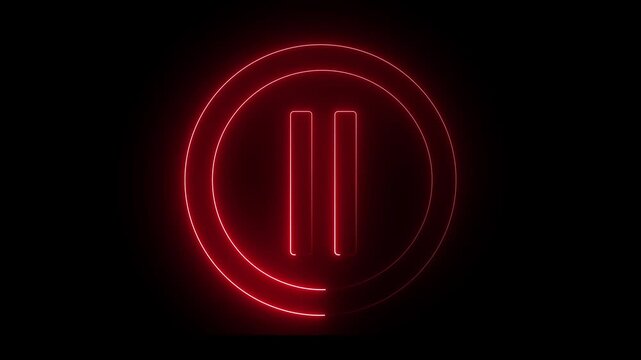 Glowing light neon red color media player pause icon animation sign symbol on black background. 4k animation video..