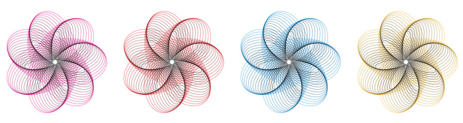 Flower spinner icon set. Colorful abstract swirl vector collection. Floral spiral shapes isolated on white background. Modern graphic design elements. Decorative propeller icons. Vector illustration. © Design