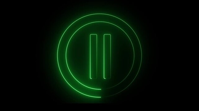 Glowing light neon green color media player pause icon animation sign symbol on black background. 4k animation video..