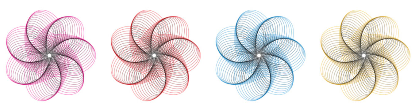 Flower spinner icon set. Colorful abstract swirl vector collection. Floral spiral shapes isolated on white background. Modern graphic design elements. Decorative propeller icons. Vector illustration.