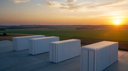 Four white storage containers with solar panels are positioned on a gray surface, set against a backdrop of green fields and a vibrant sunset. Renewable energy source.