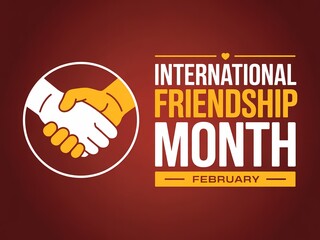 International friendship month logo with handshake and text on brown background