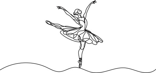 Continuous line ballerina dance. Elegant continuous line illustration of a ballerina dancing on pointe. Dance, art, beauty and modern design projects. © IsaStock