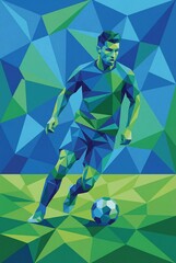 A stylized soccer player in action, rendered in a striking geometric design, capturing the energy of the sport.