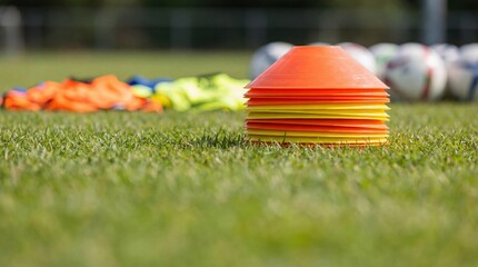 Soccer field with cones and balls ready for training or match
