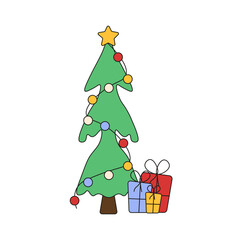 Hand drawn vector Christmas tree with gift box isolated transparent background. Hand drawn Christmas tree with Christmas lights star and present template design. Editable stroke EPS 10