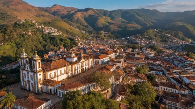 Aerial view of historic Ouro Preto colonial architecture and rolling green hills