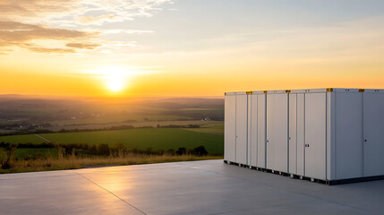 Obraz premium A row of storage units basks in the warm glow of the setting sun, overlooking a picturesque landscape of rolling hills and green fields, creating a peaceful and serene scene.