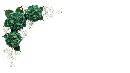 Minimal luxury botanical corner border featuring hydrangeas and baby's breath in deep emerald green isolated on white background