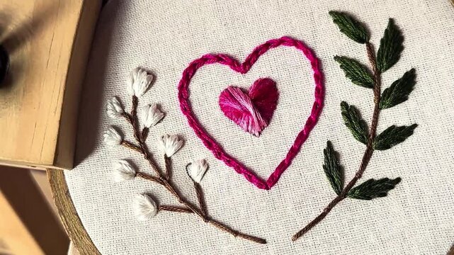 Hand embroidery of a pink heart and white flowers on white fabric using decorative needlework stitches