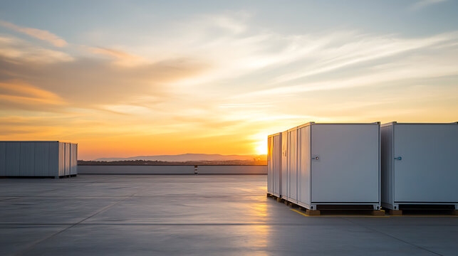 Sunset over containerized structures on a rooftop. The sky is a mix of warm oranges and yellows, transitioning to blues. A modern, industrial landscape under the evening light. - Powered by Adobe