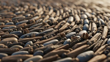 Close up view of weathered pebbles and driftwood