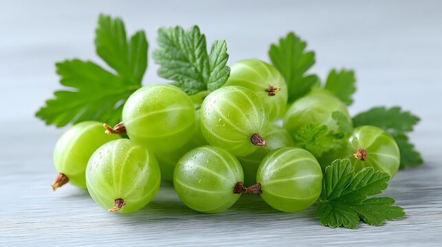 Fresh green gooseberries with leaves on white wooden background. Organic summer berries for healthy eating, cooking and natural food concepts. - Powered by Adobe