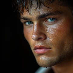 Obraz premium Intense gaze of a young man with glistening skin after rain in a dark setting