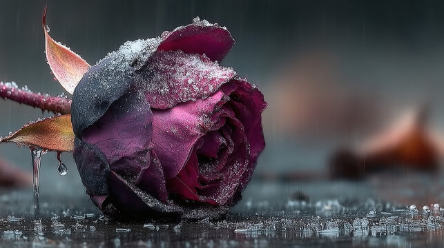 Frozen Dark Rose in Rain on Icy Surface - Powered by Adobe