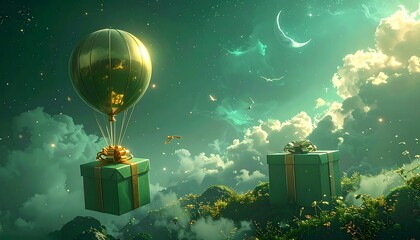 Two green gifts float among clouds, attached to balloons, set over rolling hills under a crescent moon