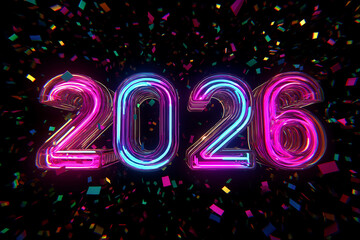 Neon 2026 New Year Numbers with Colorful Confetti on Black Background