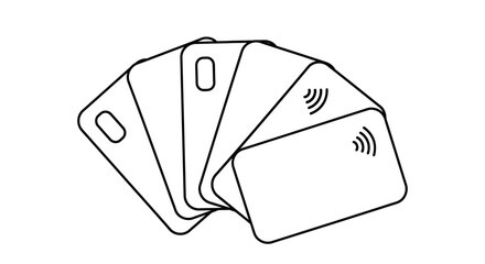 Simple line art illustration of various credit cards fanned out together featuring different card types contactless payment on transparent background