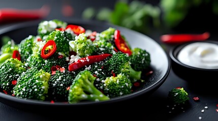 Fresh broccoli salad with red chili peppers and sesame seeds served on dark plate with creamy dressing for healthy meal preparation and cooking.