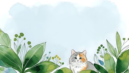 Adorable watercolor kitten with orange and gray fur sitting among lush green foliage and delicate botanical elements on soft blue background.