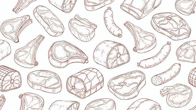 Seamless sketch pattern of various butcher shop meat cuts and sausages