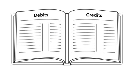 Open book with financial ledger pages showing debits and credits on transparent background