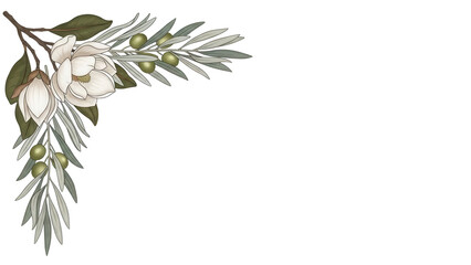 Minimal luxury botanical corner border featuring magnolia and olive branches in neutral earth tones isolated on white background