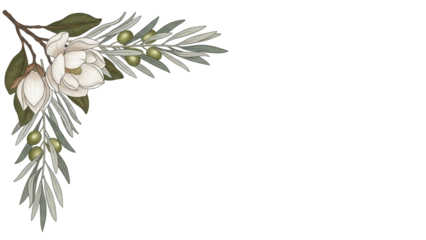 Minimal luxury botanical corner border featuring magnolia and olive branches in neutral earth tones isolated on white background