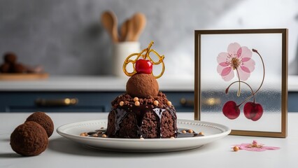 Gourmet chocolate truffle cake topped with cherry and spun sugar decoration, served on a white plate next to a pressed flower art piece in a kitchen setting