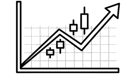 Financial graph showing upward trend with candlestick chart indicators on a white background with a grid pattern illustrating market growth and analysis on transparent background