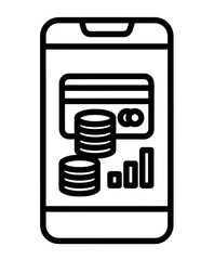 Mobile banking and finance illustration with coins and graphs on transparent background