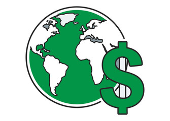 Green dollar sign icon overlaying a simplified world map symbolizing global finance and international currency exchange on transparent background