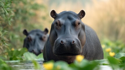 Calm hippos basking in the warm sunlight of a lush river landscape