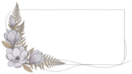 Minimal luxury floral corner border with magnolia and fern in lavender and beige isolated on white background