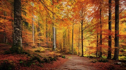 Obraz premium Enchanting autumn forest with a path covered in fallen leaves, vibrant orange and yellow trees, and mossy stumps