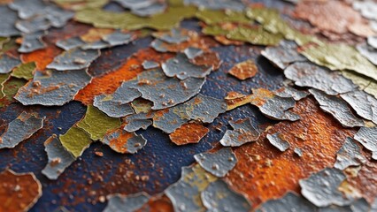Peeling paint reveals layers of color and texture