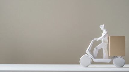Delivery person on scooter transporting a box, portrayed with an origami art style.  The simple aesthetic is set against a plain background. Symbolic representation.